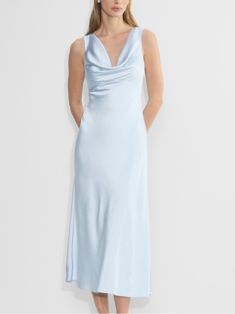 Wilfred Olivia Dress in Shimmer Light Blue Cowl Neck Midi (Size 8)